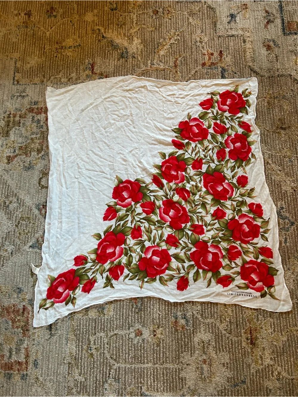 Vintage Limited Express White Square Scarf with Red Rose and Green Leaf Print - Picture 9 of 9